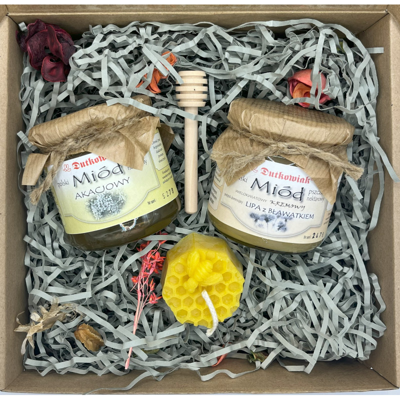 Gift set with 2 glasses of honey, candle and honey spoon